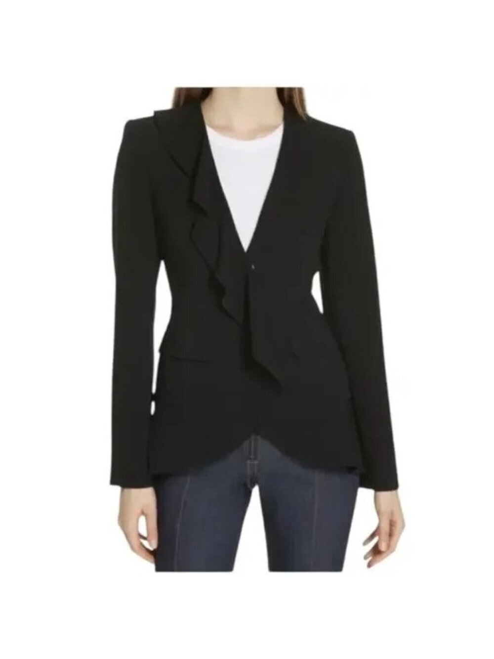 Cinq a Sept Lanier Ruffle Blazer Size 6 Black With Pockets Formal Luxury Jacket